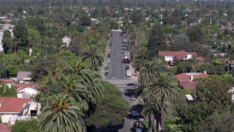 Palmeras-Icónicas-Se-Alinean-En-Las-Calles-De-Santa-Mónica,-California---Paso-Elevado-Aéreo