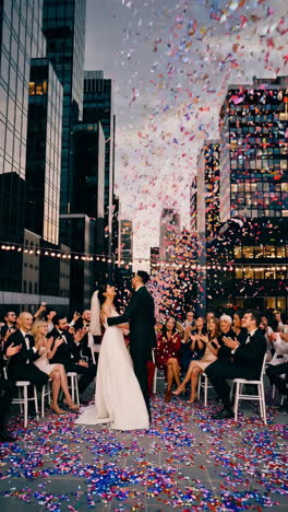 rooftop wedding ceremony with confetti celebration in a cityscape