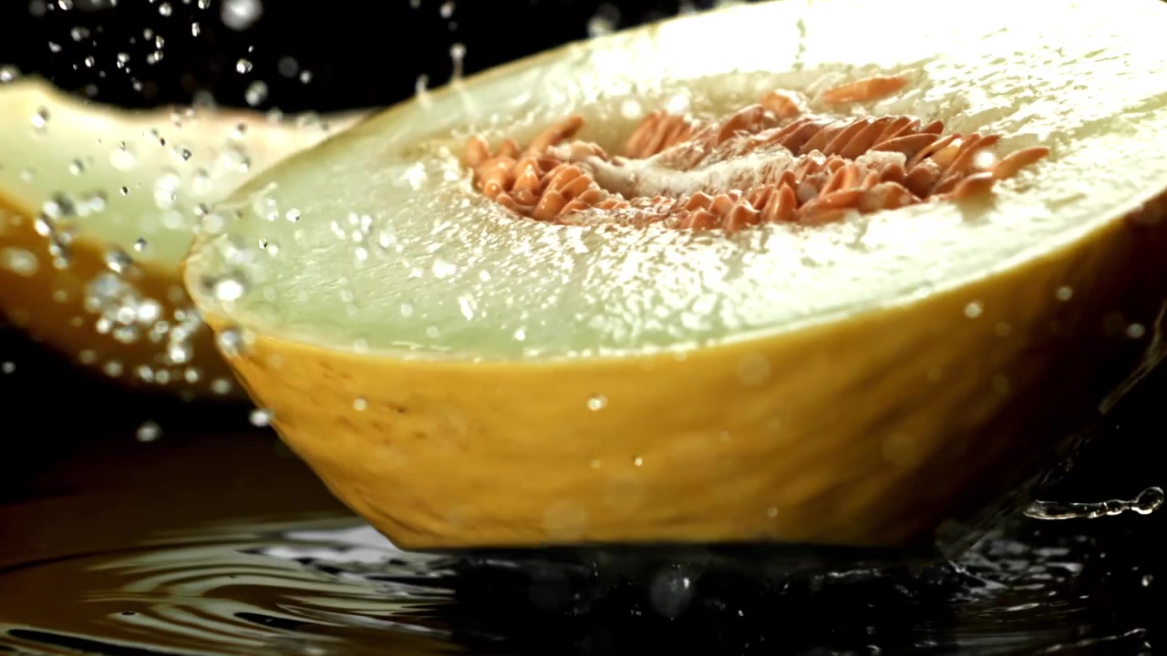 Slow Motion Water Splashing on a Freshly Cut Melon Half