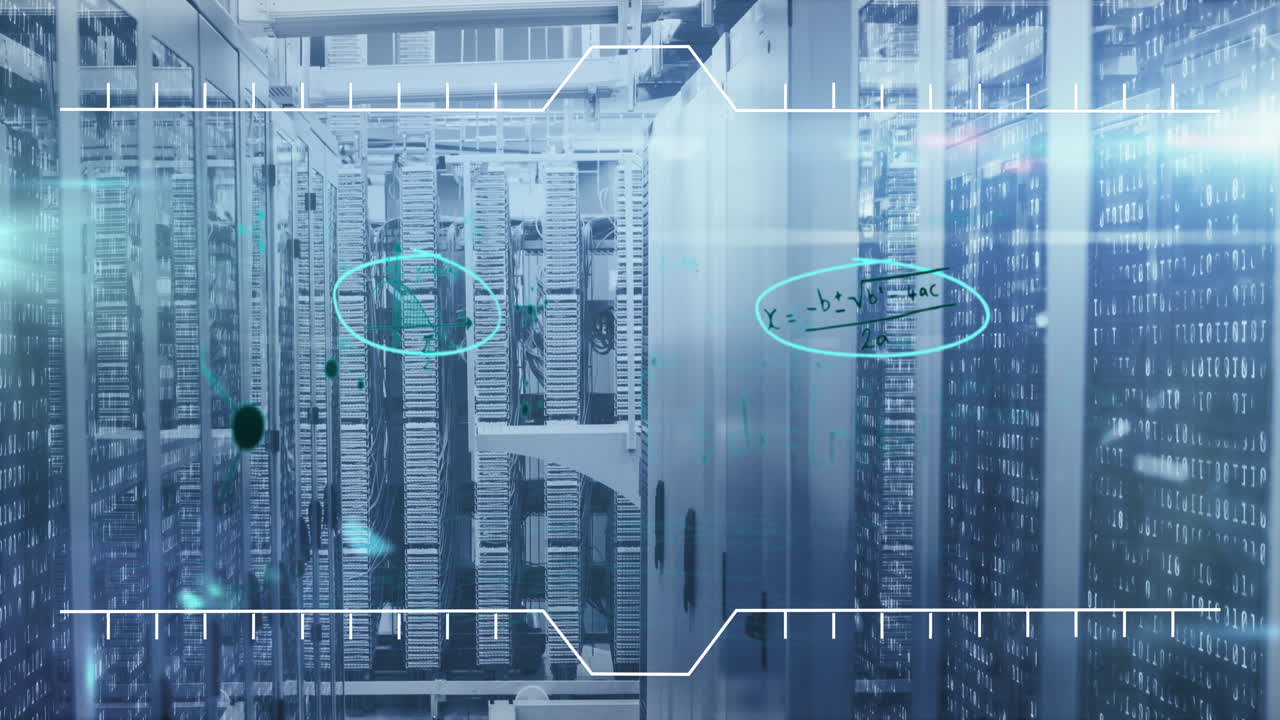 Mathematical equations against empty server room