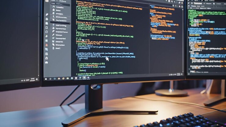 Modern Software Development Setup with Triple Monitors and Keyboard