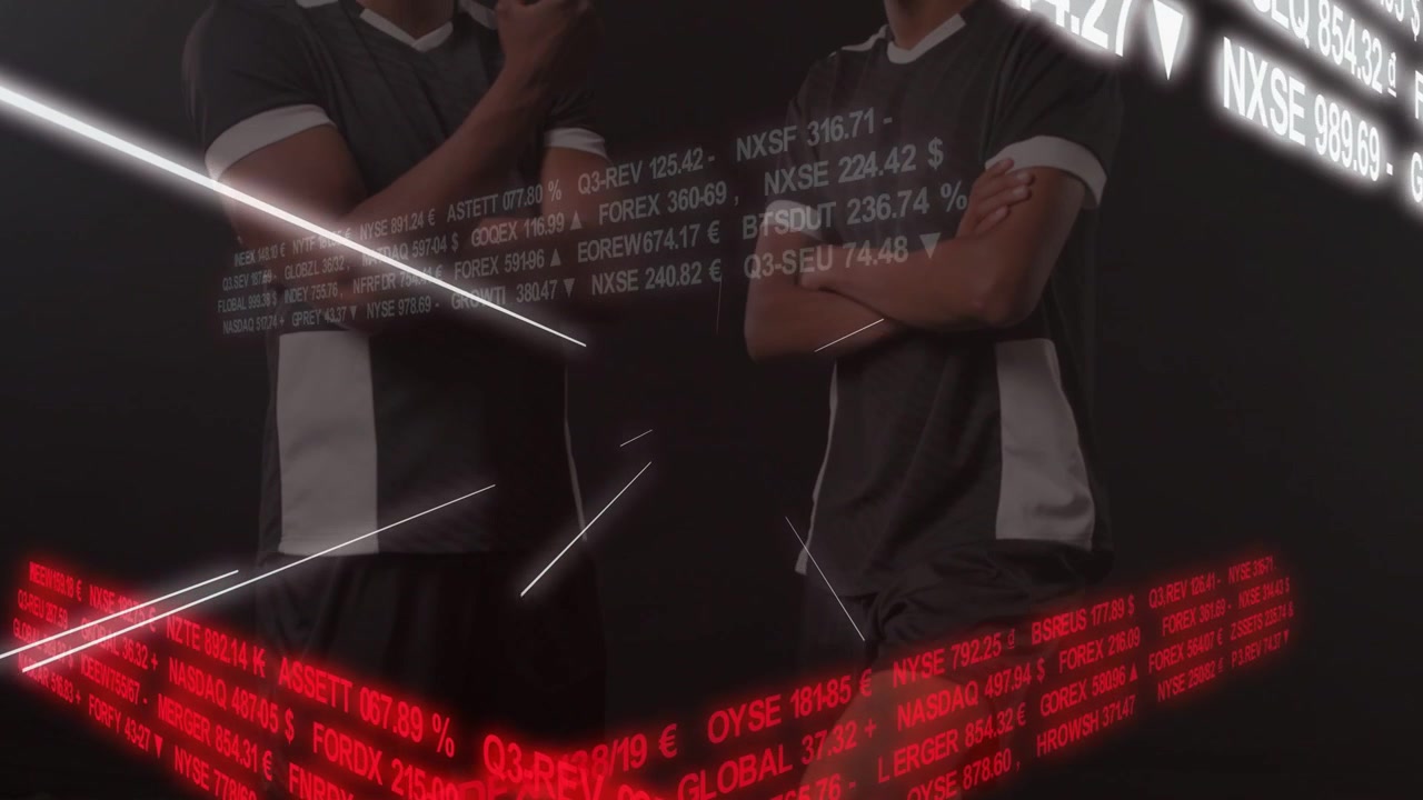 Camera lifting, two athletes shifting with foot on soccer ball, data ribbons framing sports promo