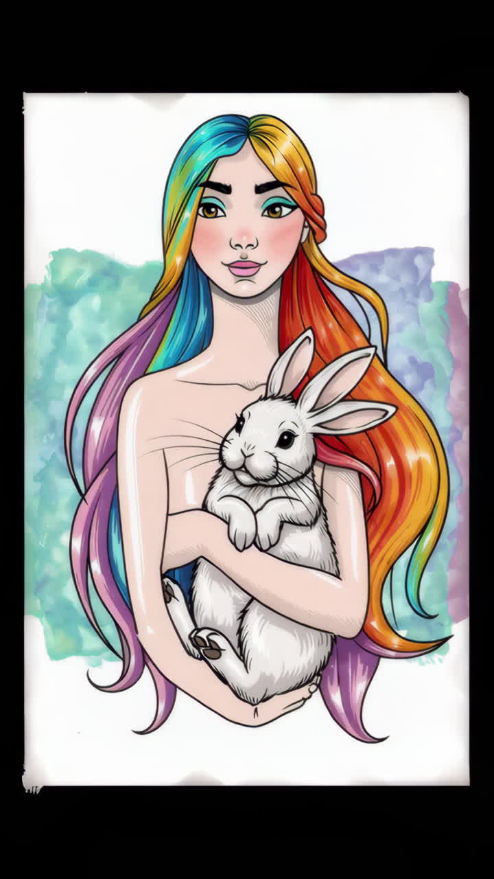 Colorful Illustration of a Woman with Rainbow Hair Holding a White Rabbit