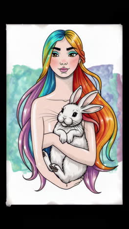 colorful illustration of a woman with rainbow hair holding a white rabbit