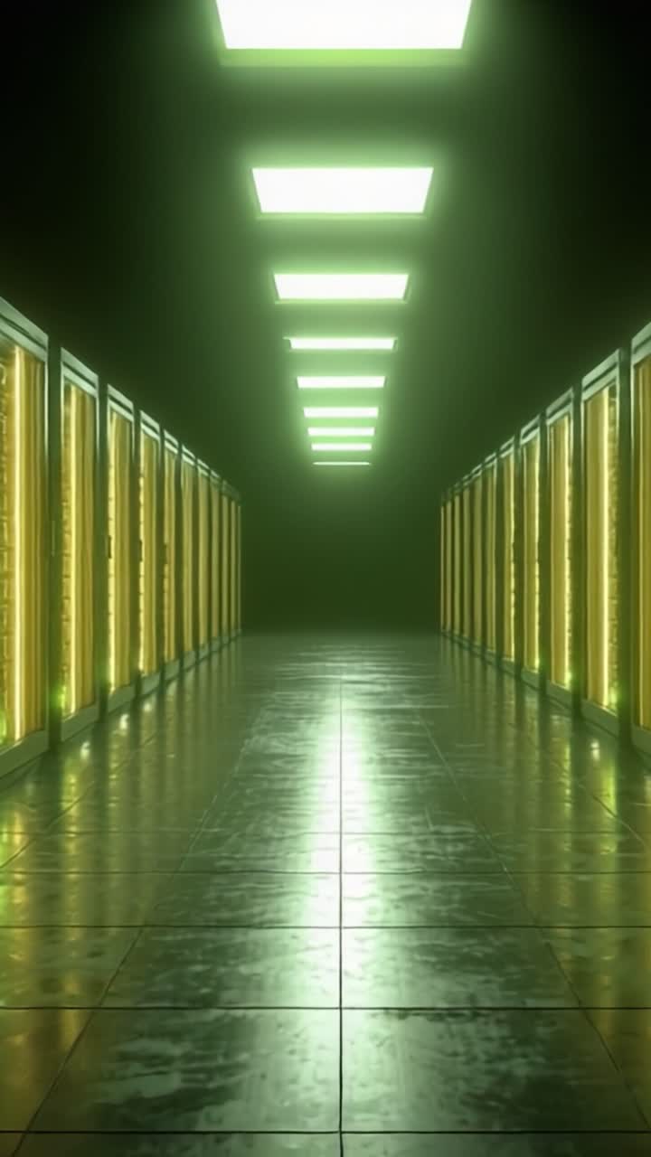 Un corridoio mistico illuminato da luci fluorescenti, affiancato da file di unità di stoccaggio gialle luminose, crea un'atmosfera enigmatica in questo ambiente futuristico