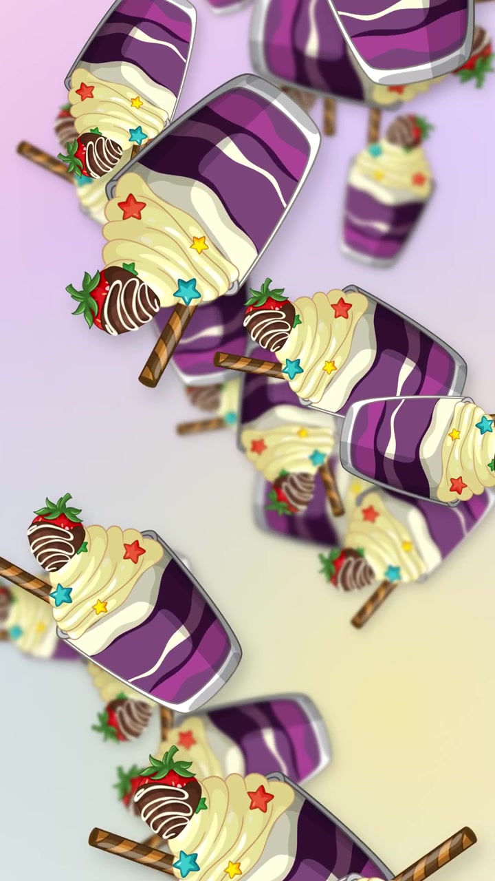 Taças de sobremesa roxas estilizadas com chantilly caem contra um fundo de malha pastel suave.