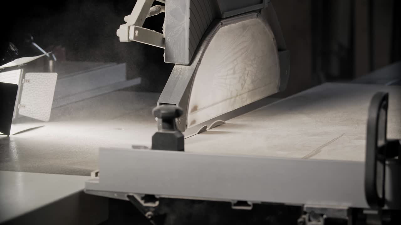 Cutting wooden plank by electric saw