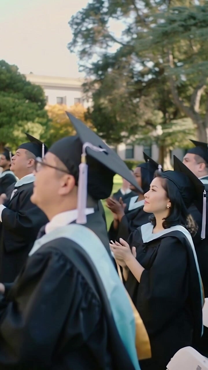 Video verticale: Laureati in piedi che applaudono nel campus dopo il segnale dell'oratore, in toga e tocco neri.