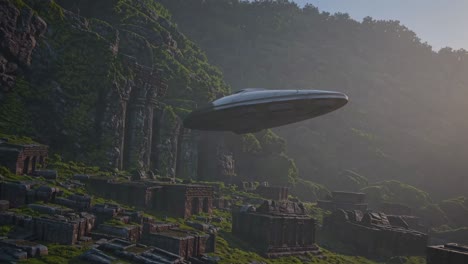 alien spaceship over ancient ruins