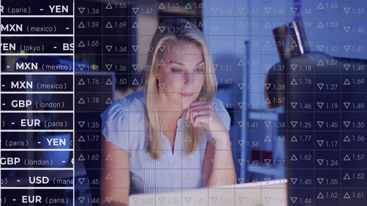 Woman typing on laptop starting finance currency tickers over screen, leaning and monitoring rates
