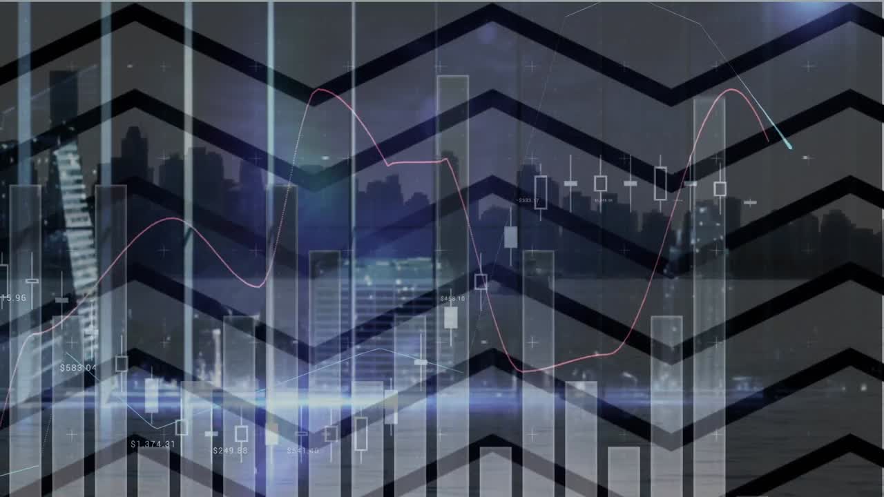 animación del procesamiento de datos financieros sobre el paisaje urbano