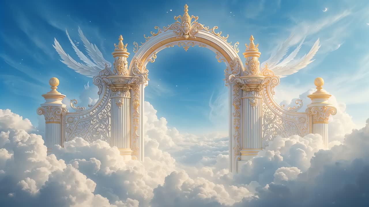 Moving camera revealing ornate golden arch with columns above clouds to show wing ornaments