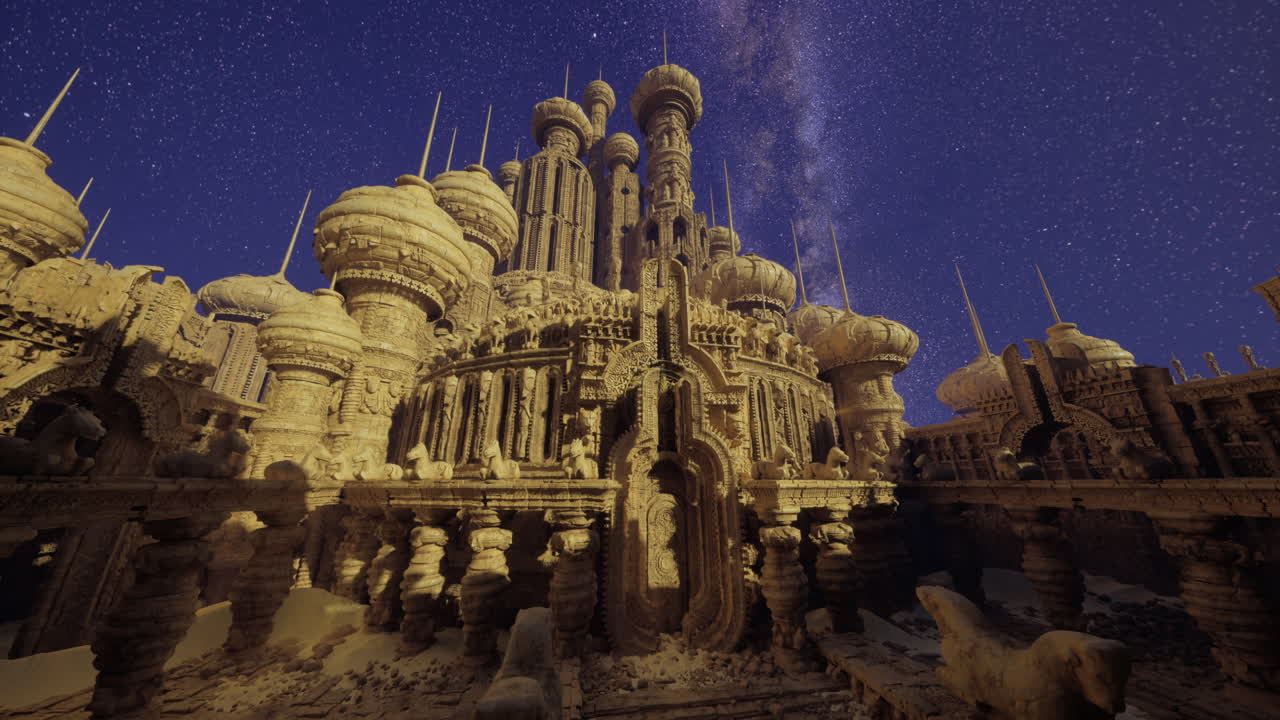 Majestic ancient architecture under a starry sky in a surreal landscape