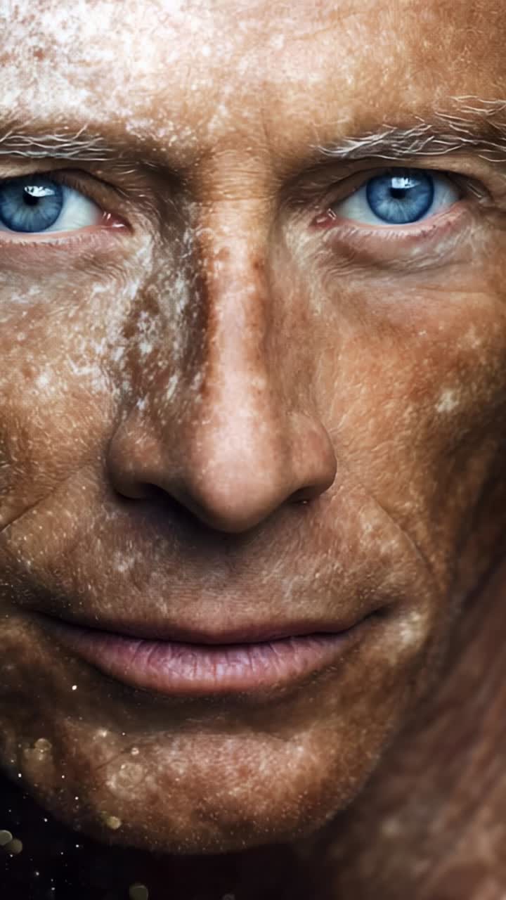 Intense Portrait of a Man with Unique Skin Texture and Striking Blue Eyes Reflecting Emotion and Depth in a Captivating Close-Up