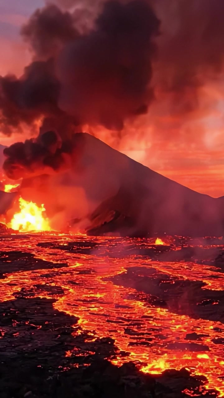 Majestic Eruption: A Stunning Display of Lava Flowing Vigorously from an Active Volcano Against a Fiery Sunset Sky