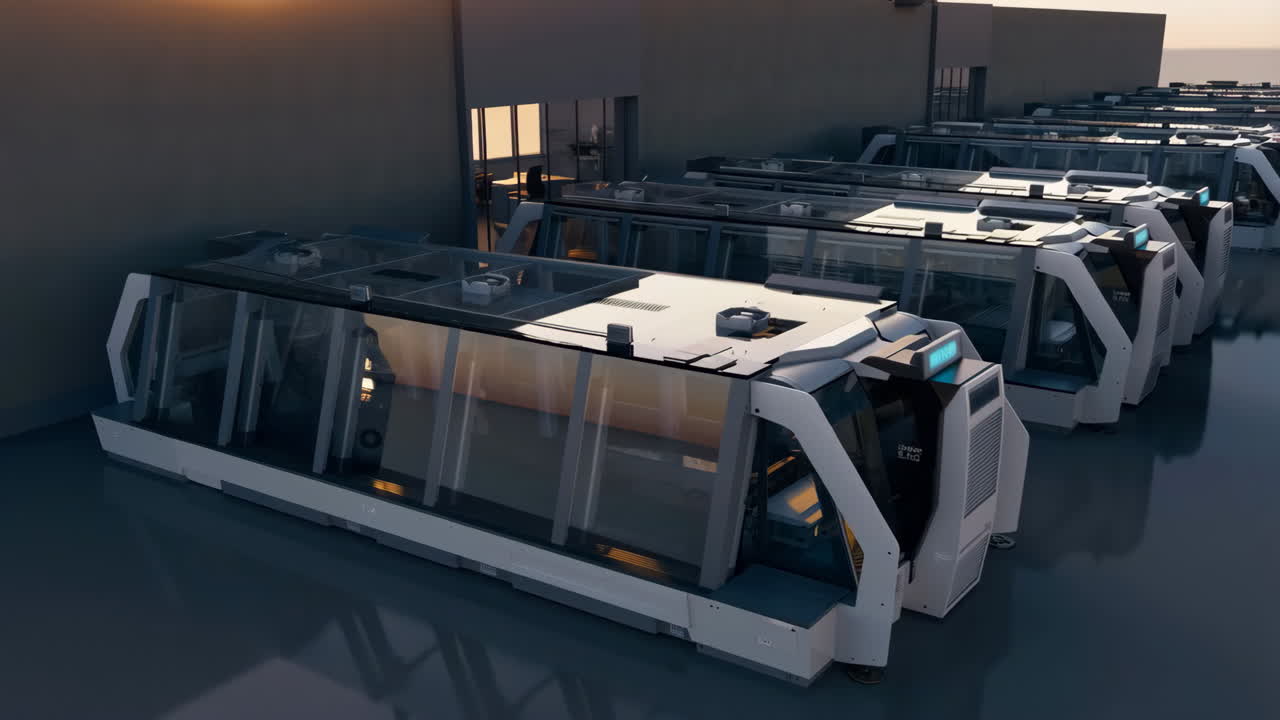 A fleet of futuristic autonomous shuttles parked in an indoor depot