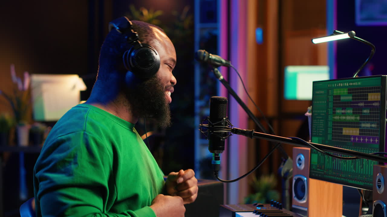 un compositor confiado interpretando una melodía en el micrófono en su estudio casero,