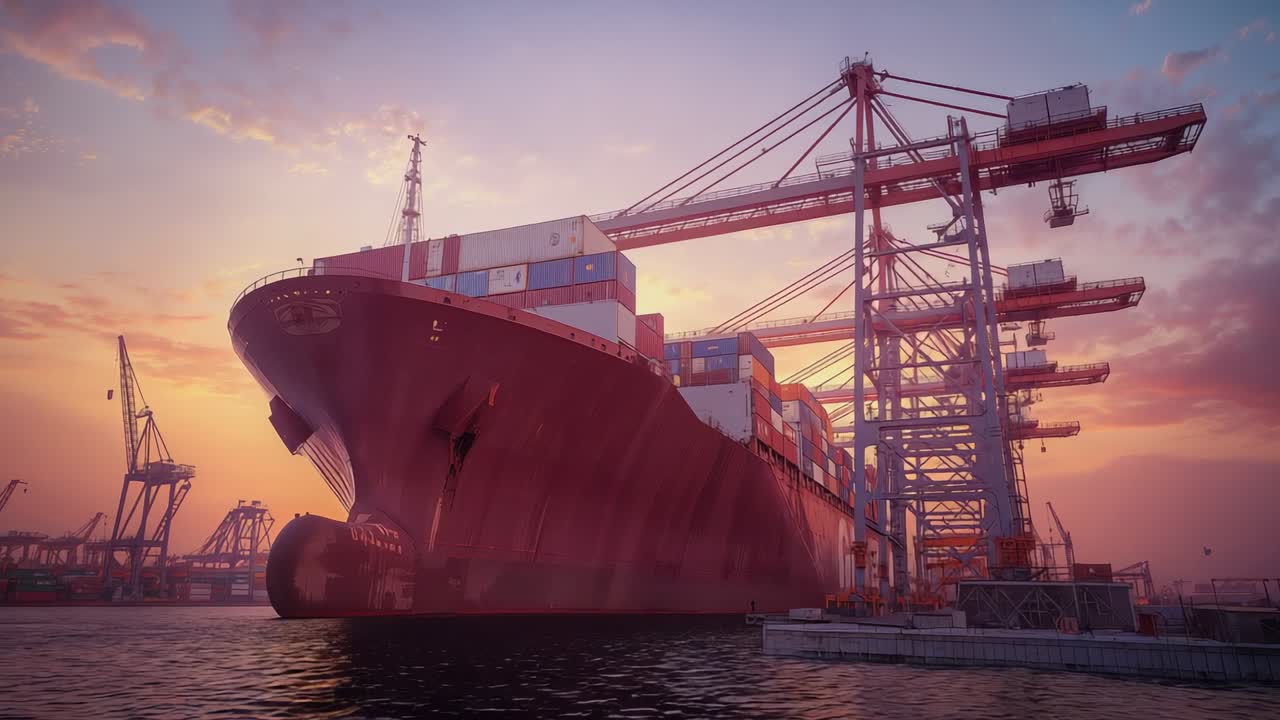 Glistening red-hulled container ship alongside quayside cranes as sunset begins, revealing contours