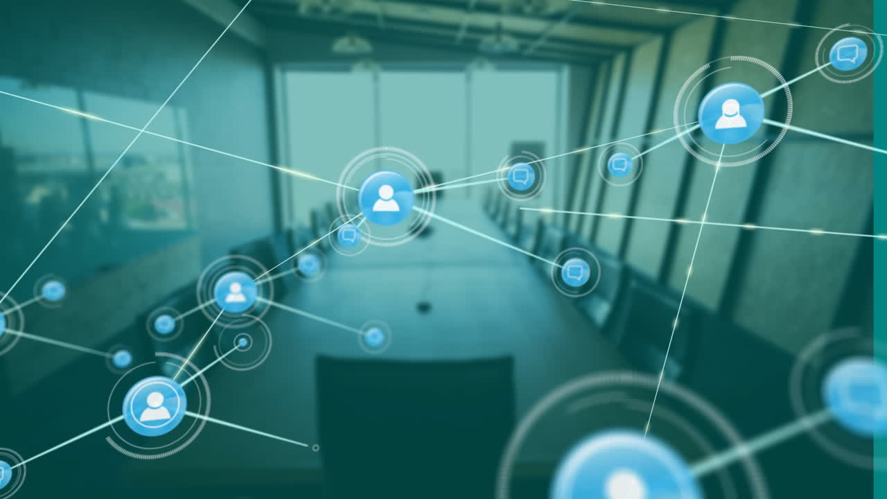 빈 사무실 위에 아이콘으로 연결된 네트워크의 애니메이션