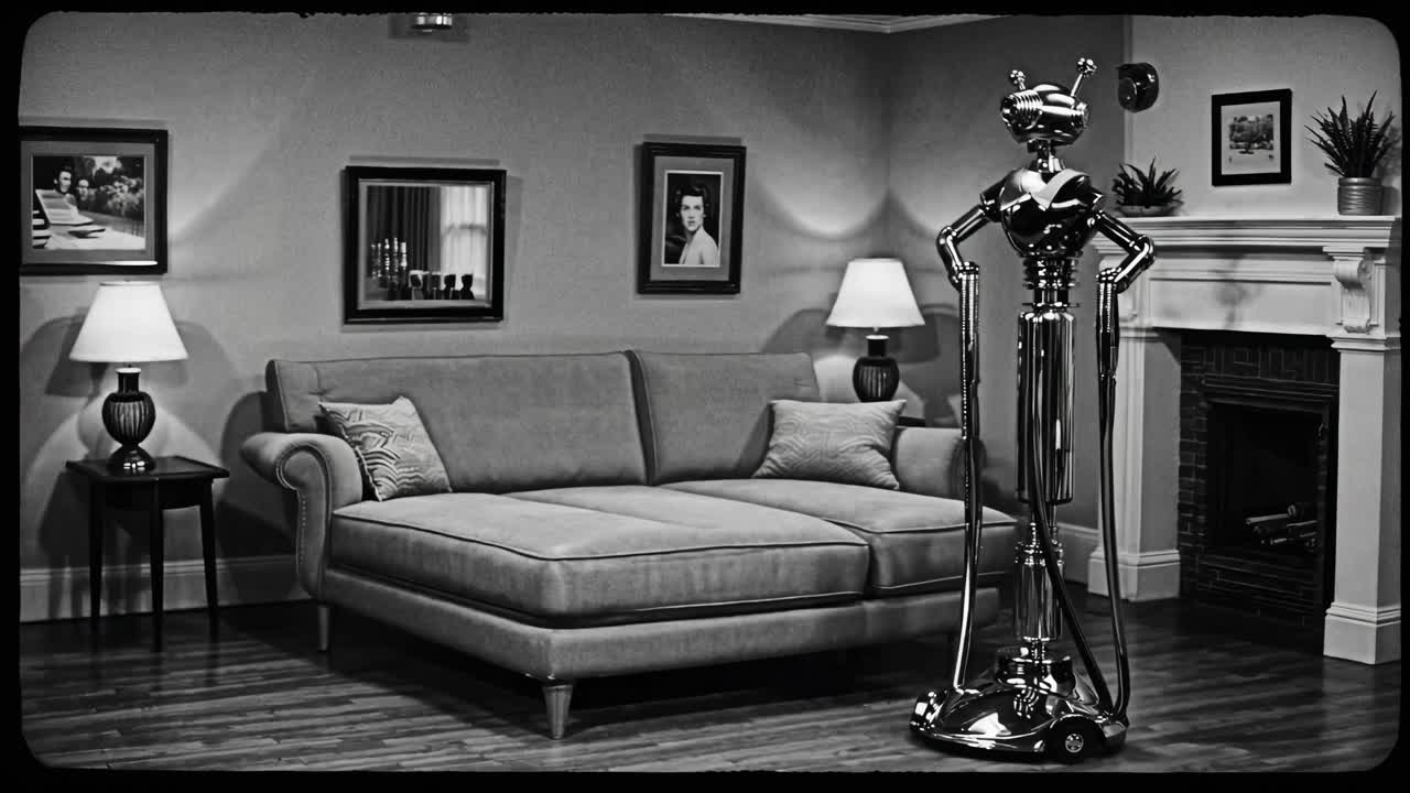 1950 년대 거실에서 레트로 미래의 로 진공청소기