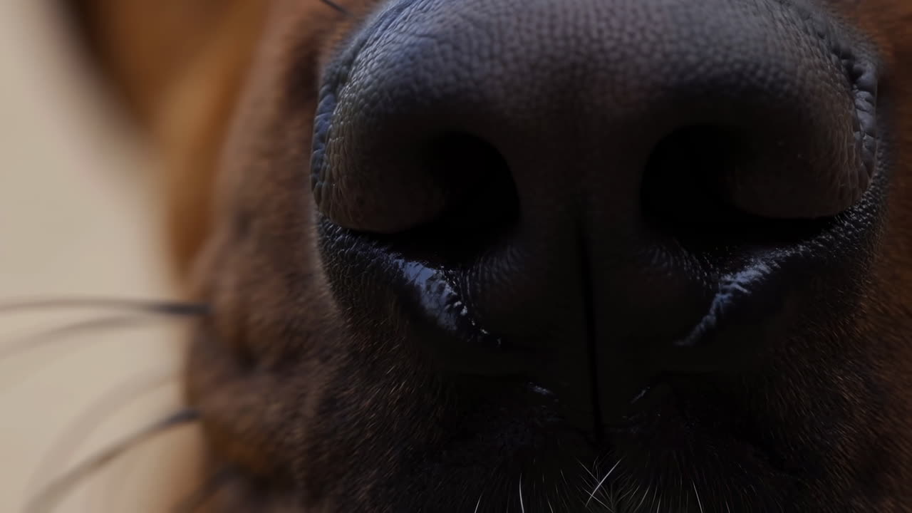 カメラを嗅ぐ犬の鼻のクローズアップ、濡れた黒い鼻と、ひげが見える茶色の毛皮、マクロな質感。