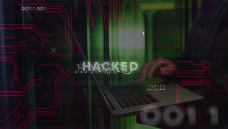 Typing on laptop, person over HACKED text and circuit board animation