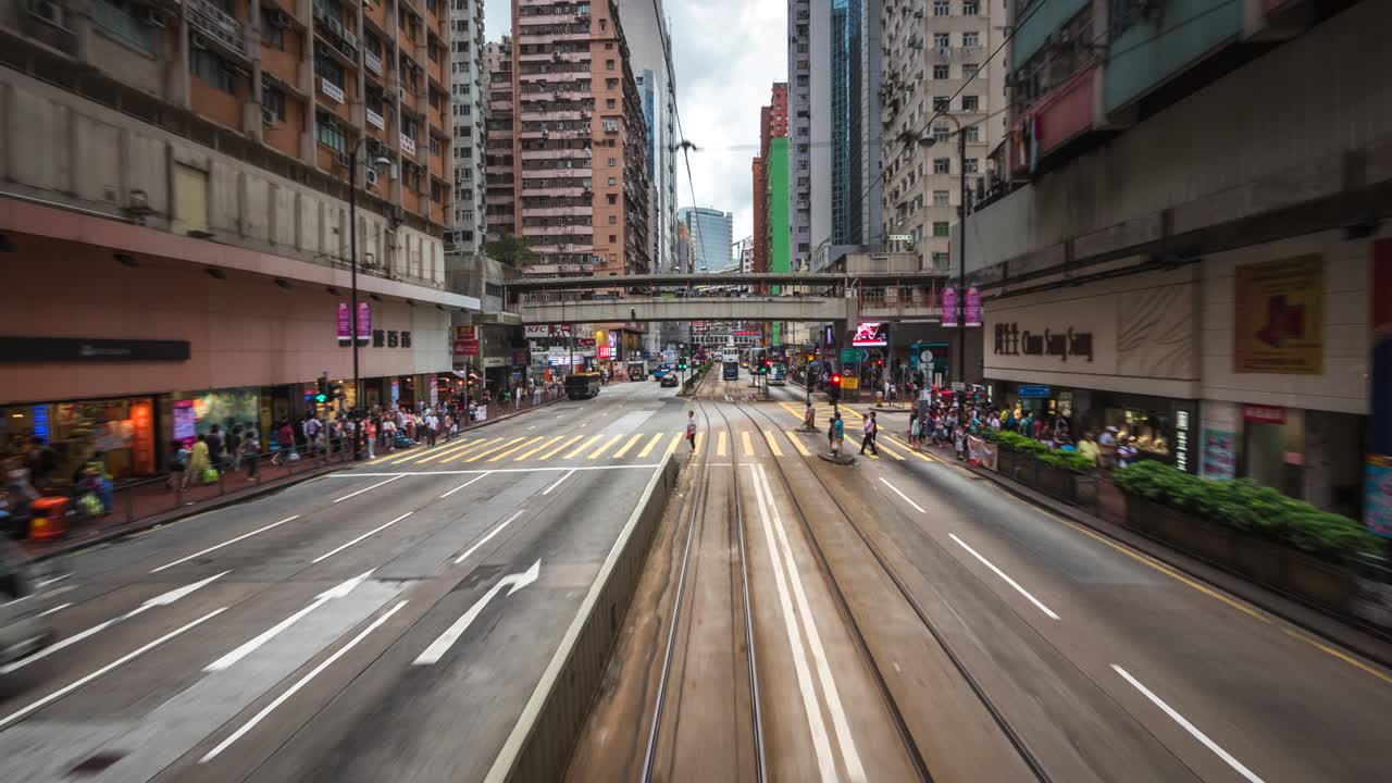 중국 홍콩을 돌아다니는 트램의 타임스 모션 뷰