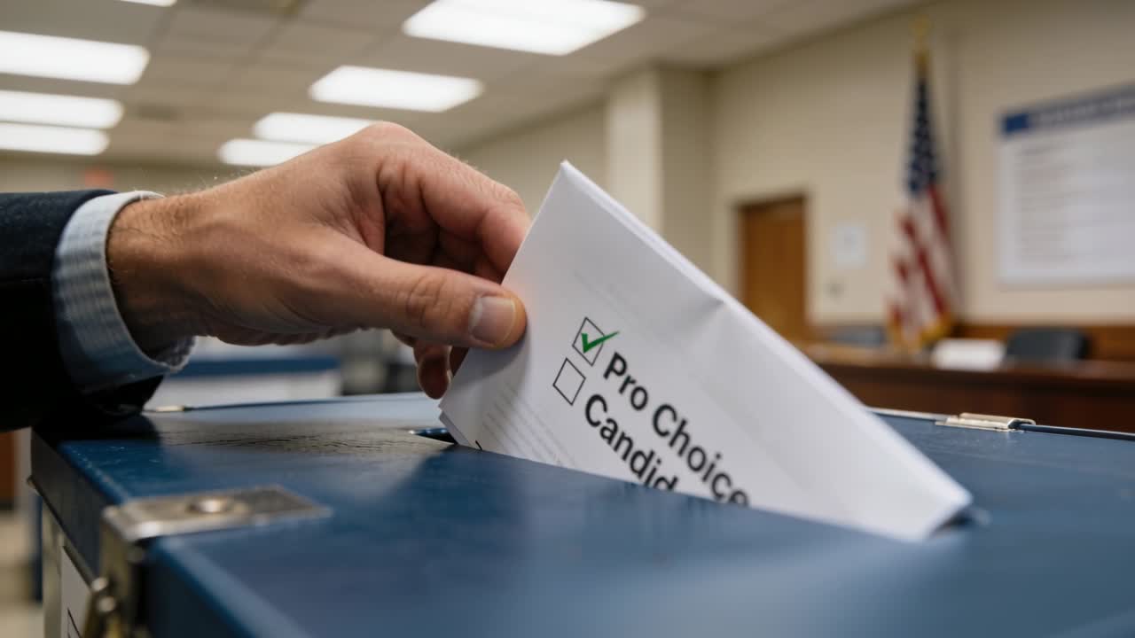 Approaching hand with cuff lowering ballot envelope marked Pro Choice into blue box in polling room