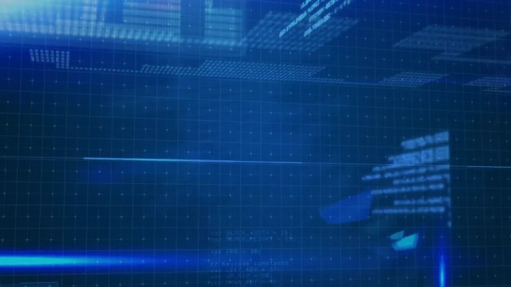 Animation of data processing and loading bar over blue background