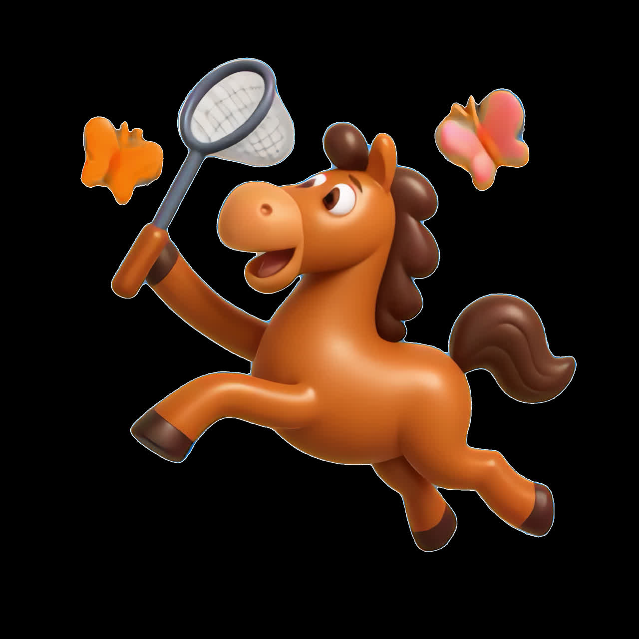 Cartoon horse catching colorful butterflies animation isolated asset, transparent 4K video, alpha
