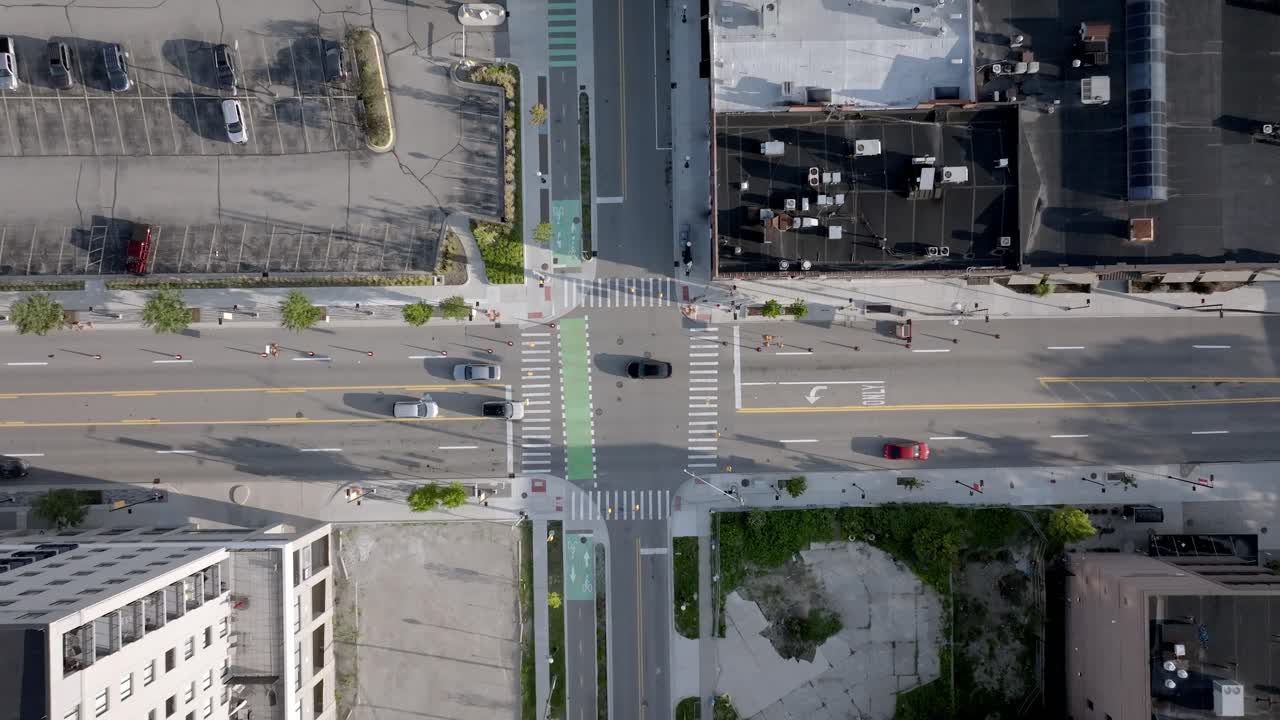 Downtown Ann Arbor, Michigan intersection with drone video stable