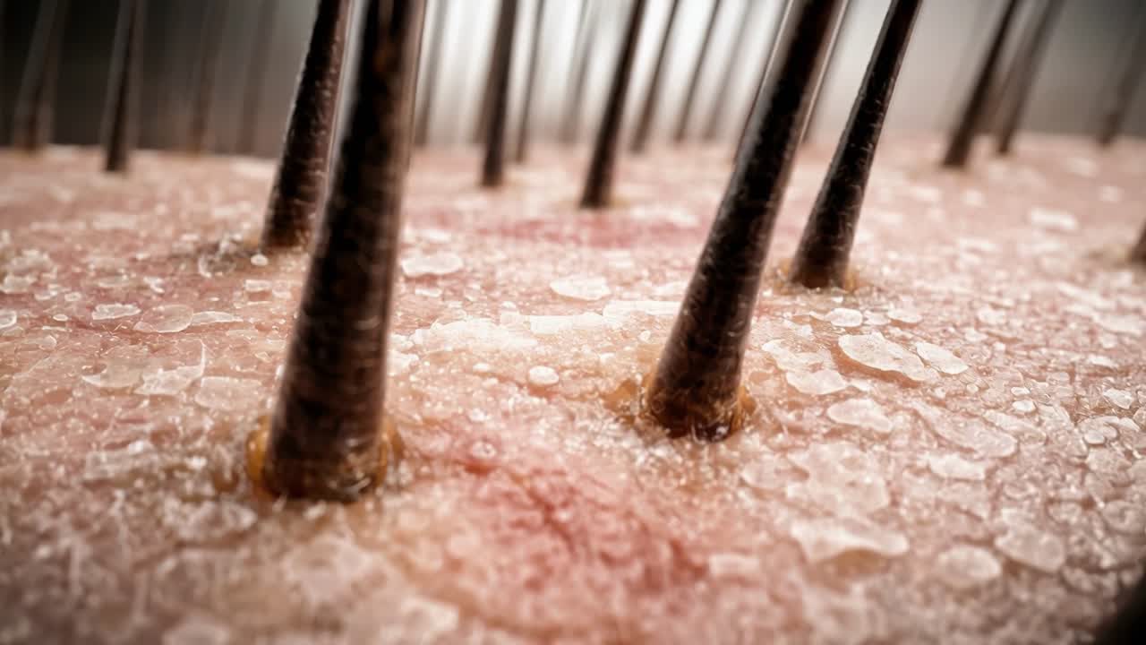 Macro view of human scalp shedding dandruff flakes as hair strands move, showing dry irritated skin close up