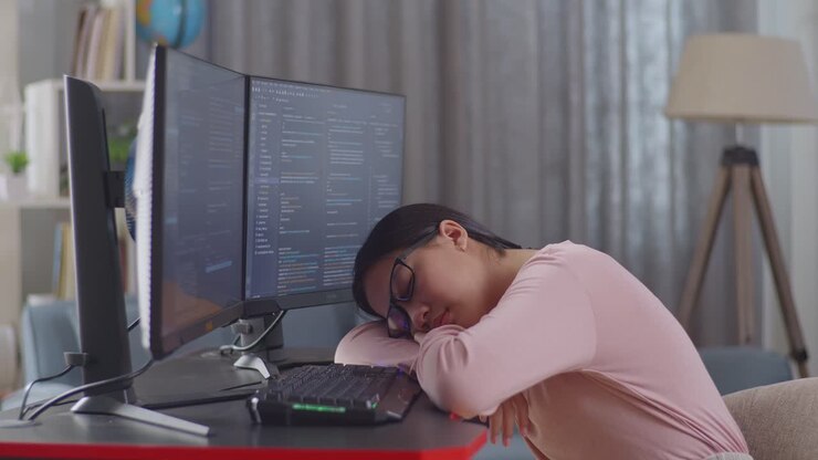 Müder Programmierer macht Nickerchen am Schreibtisch