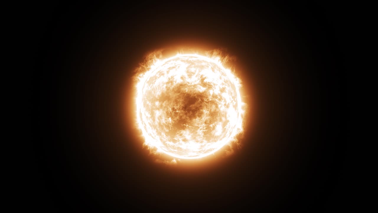 3D animation of a burning yellow and orange sun, with no space background or foreground, solar flares and core animation and the camera slowly moving towards it