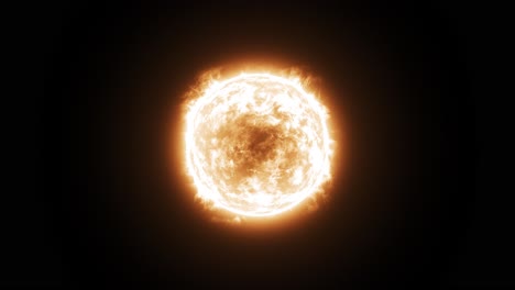 3d animation of a burning yellow and orange sun, with no space background or foreground, solar flares and core animation and the camera slowly moving towards it