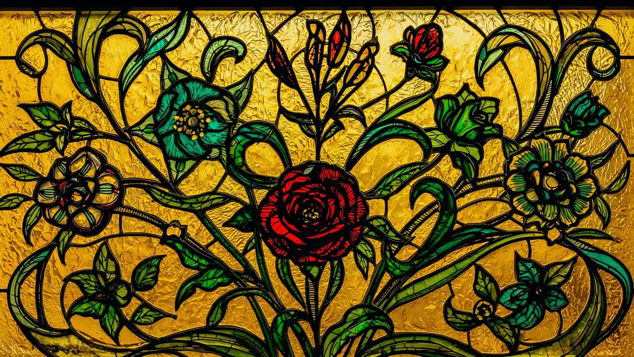 Daylight streaming through stained glass panel on interior wall, illuminating ornate floral motifs