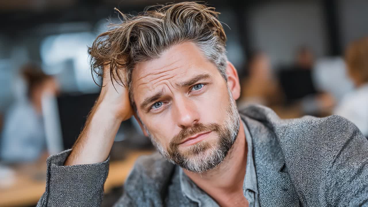 Contemplative Businessman in Modern Office Setting Reflecting on Challenges and Decisions While Surrounded by Colleagues in the Background