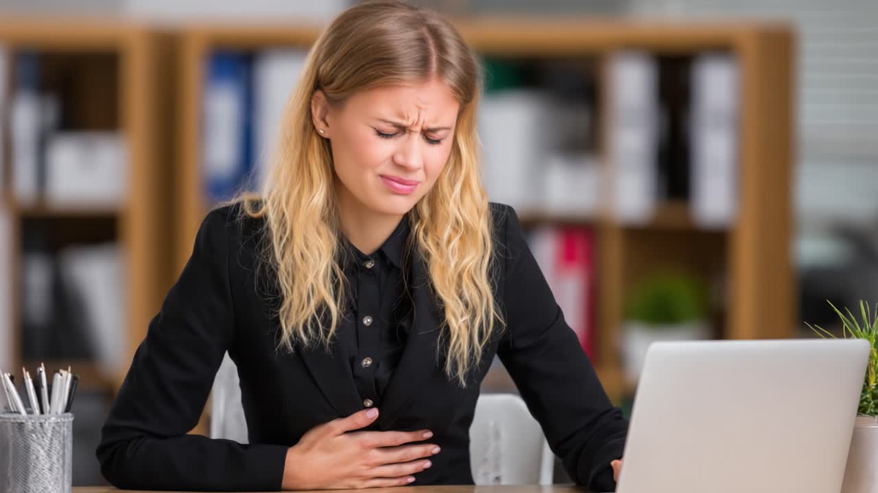A Concerned Female Professional with Abdominal Discomfort in an Office Setting, Highlighting Health Issues and Workplace Stress Reactions Due to Uncomfortable Situations