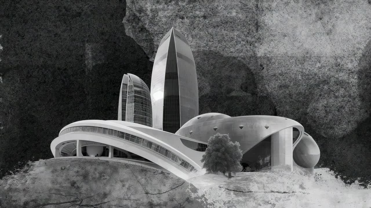 Wolkenfetzen bilden sich über einem komplexen Gebilde, treiben vorwärts und verdecken den zentralen Turm, die Kuppel, die Rampe, wolkig