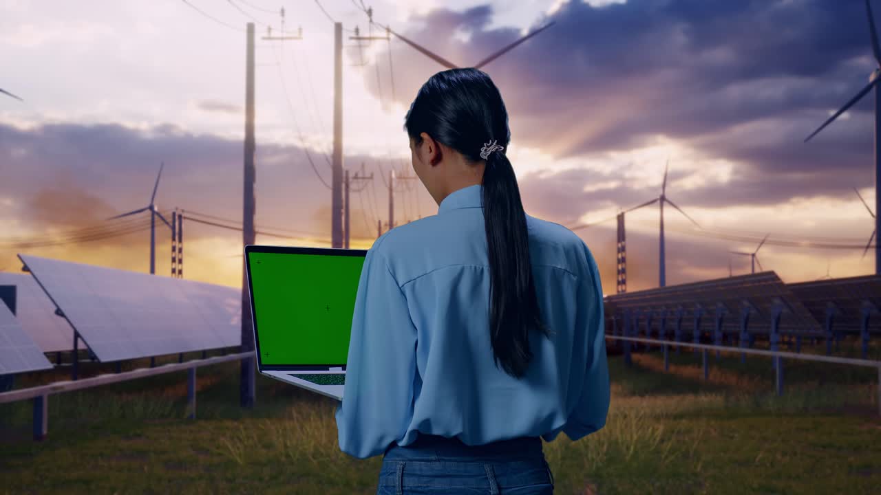 Back View Of Asian Female With Solar Panel and Wind Turbines, Typing On Laptop'S Keyboard With Green Screen And Look At Wind Turbines Farm