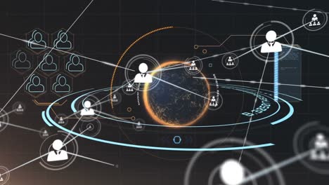 network of profile icons against spinning globe and data processing on black background