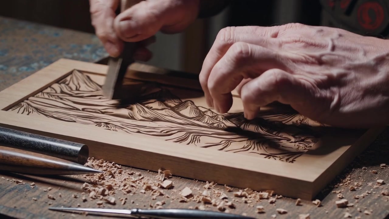 Artisan Woodcarver Carefully Carving Mountain Landscape into Wooden Panel