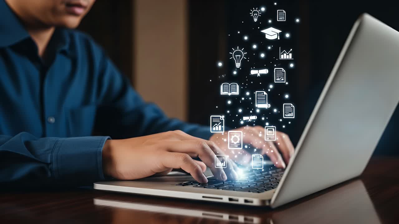 A man is typing on a laptop with a screen that has a lot of icons and a star