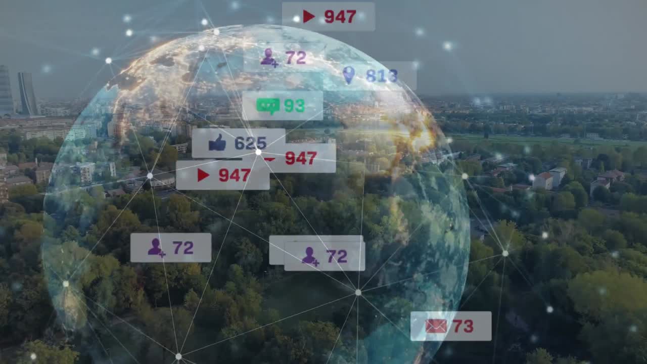 풍경에 대한 연결을 가진 소셜 미디어 아이콘과 글로브의 애니메이션