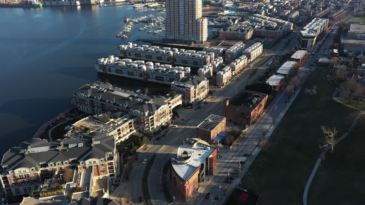 Aerial View of Cityscape with Waterfront Buildings