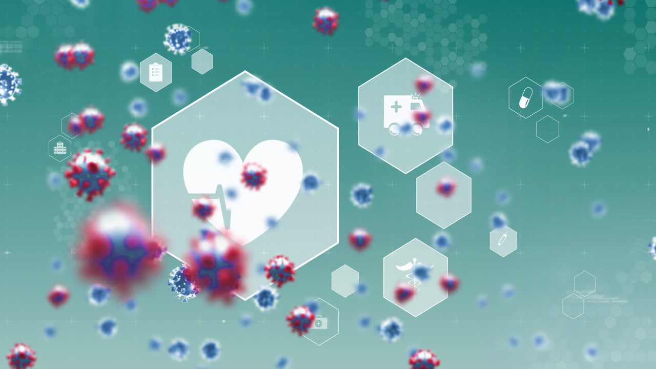 녹색 배경에 떠다니는 거대한 코로나19 세포의 애니메이션과  ⁇ 색 의료 아이콘