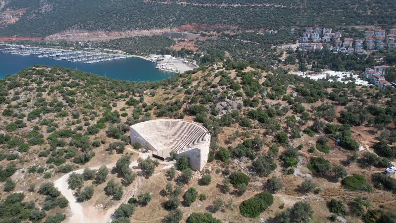 Drone shot of Kaş Lycian ruins and Amphitheatre in Antalya region of T&uuml;rkiye