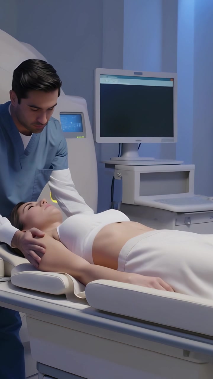 Video verticale: Clinico in camice che entra e muove la testa del paziente sul lettino da visita per una scansione con schermi.