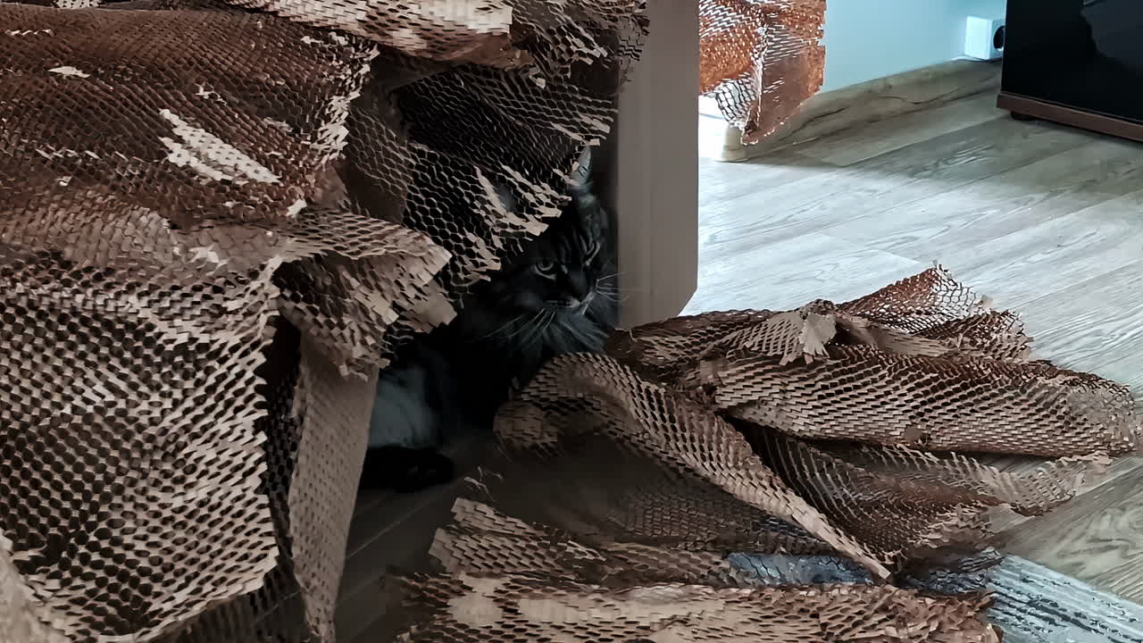 Cat hiding inside torn cardboard packaging, surrounded by shredded paper in a playful mess