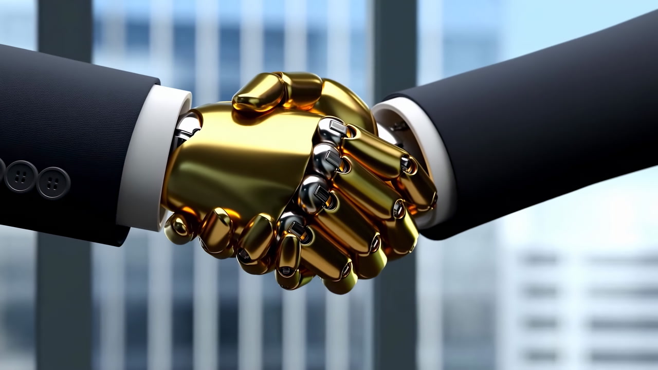 Golden Robotic Handshake In Corporate Office, Closeup Of Polished Gold Prosthetic Palms Clasping Across Suit